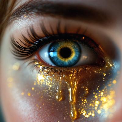 The primary subject of the image is a woman with a tear-shaped eye makeup design. The setting is a close-up of her eye, and the visual style appears to be a photo. The colors and mood of the image are dominated by gold and yellow, giving it a warm and vibrant atmosphere.